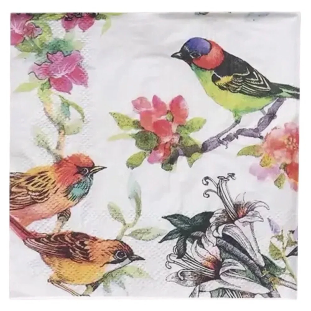 Set of Two (2) INDIVIDUAL Birds on Floral Branches Cocktail Size Napkins